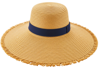 Elegant straw sun hat with navy ribbon isolated, stylish summer headwear for sun protection and fashion accessory PNG