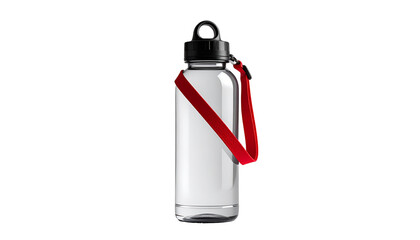 Clear bottle with red strap on black