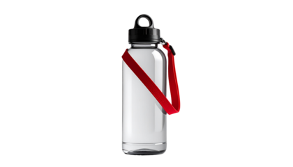 Clear bottle with red strap on black