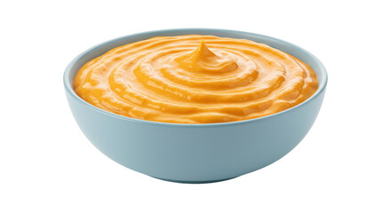 Bowl of cheese dip isolated on white, creamy cheddar sauce for nachos and appetizers
