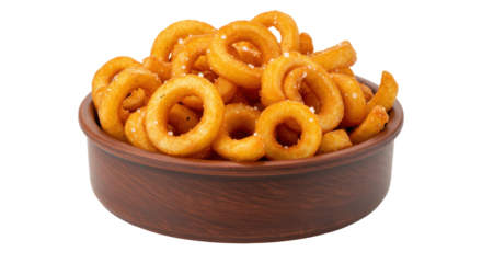 Golden curly fries in a brown bowl isolated on white, crispy and salty snack for fast food menus and appetizers PNG