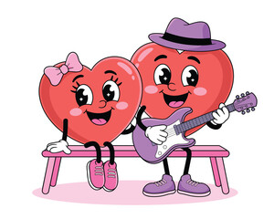 Couple hearts playing guitar isolated on white background