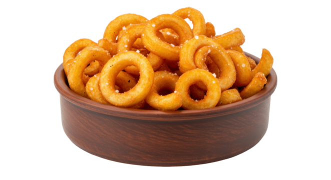 Golden curly fries in a brown bowl isolated on white, crispy and salty snack for fast food menus and appetizers PNG