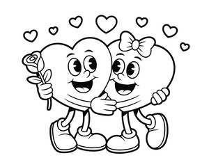 Two cartoon hearts hugging isolated on white