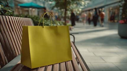 A vibrant yellow shopping bag rests on a wooden bench, surrounded by a lively shopping mall atmosphere.