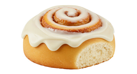 Delicious cinnamon roll with creamy frosting isolated on transparent background, sweet pastry treat for breakfast or dessert