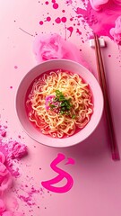 Pink hued ramen bowl with splashes and pink smoke