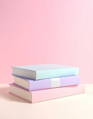 Stack of pastel books against a pink background