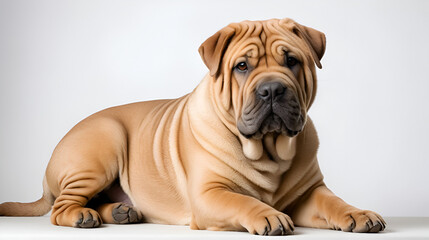 Photographie portrait studio d'un chien Shar-Pei de couleur fauve sable sur fond blanc venant de chine