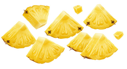 Pineapple chunks PNG isolated on transparent background, tropical fruit pieces for healthy eating and summer designs