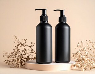 Two black pump bottles on stand, dried flowers