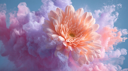A peach colored flower surrounded by pink and purple smoke against a light blue background