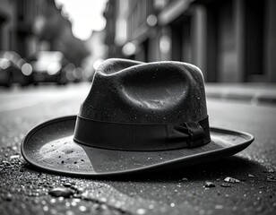 Fedora lies abandoned on city street, monochrome scenery