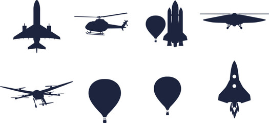 Silhouettes of flying vehicles, aircraft, drones, hot air balloons, rockets, space shuttle, helicopter, jet, glider, aviation icons, transportation set