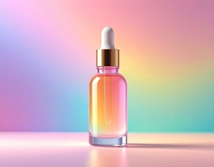 Gradient serum bottle, gold collar, white dropper, light backdrop
