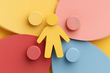 Yellow figure representing human interaction surrounded by vibrant circles of red and blue illustrating the diversity of experiences and connections highlighting emotional dynamics and abstract