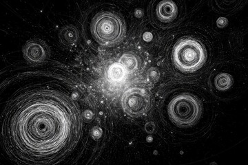 Abstract grayscale cosmic image, circular shapes with varying sizes. Central bright glow