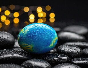 Wet blue/yellow globe on dark stones, bokeh lights backdrop