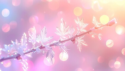 Frozen branch sparkles against bokeh pink, gold background