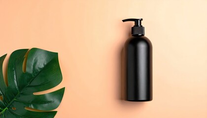 Black bottle & monstera leaf on peach background, minimal