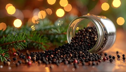 Jar tipped, peppercorns spilling, festive green bokeh