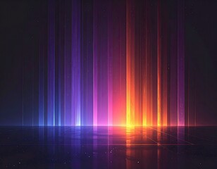 Radiant pillars rise, reflecting on a dark, glossy surface