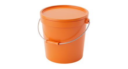 Orange plastic bucket with lid isolated, container for storage and cleaning supplies on a clean backdrop, studio shot