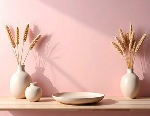 Wheat in vases, plate, pink wall; light
