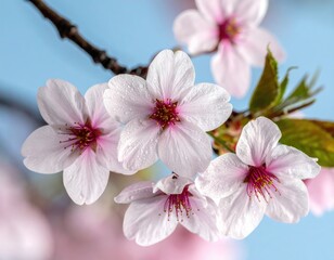 Blooming white-pink blossoms on a branch against blue sky