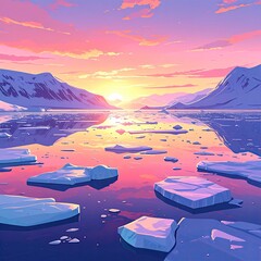 Arctic sunset reflects on icy waters, with mountain backdrop