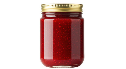 Jar of raspberry jam isolated on white, homemade fruit preserve in glass container with golden lid