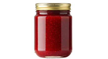 Jar of raspberry jam isolated on white, homemade fruit preserve in glass container with golden lid