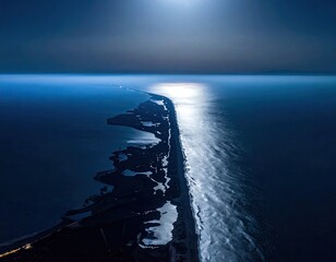 Moonlit sandbar separates sea from wetlands, aerial view