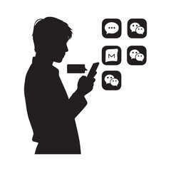  A vector illustration of a silhouette of a person with a smartphone.