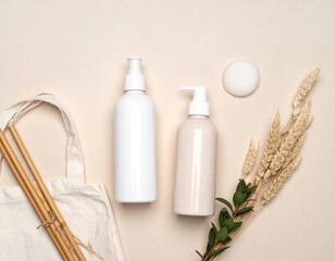 Cream surface with bottles, reeds, & wheat