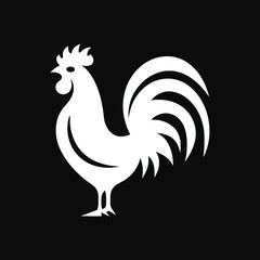 Simple rooster white silhouette vector on black , elegant chicken logo for rustic farm branding, eco products, and agriculture graphics.