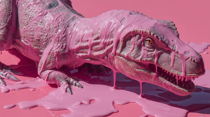 A pink tyrannosaurus rex covered in pink paint stands on a pink painted surface in a studio setting