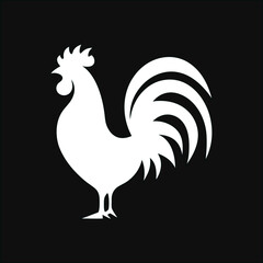 Elegant rooster white vector logo on black, minimalist chicken design perfect for organic farms, rural brands, and food packaging.