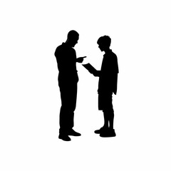Silhouette of trainer teaching a villager spelling in a notebook isolated on white background