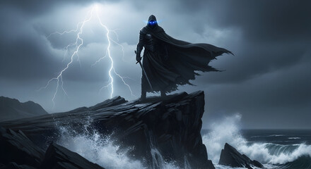 A dark cloaked figure standing atop a rocky cliff during a dramatic lightning storm scenery