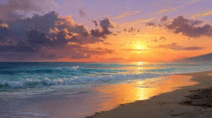 Obraz premium Tranquil beach landscape at sunset with golden sunlight reflecting on calm sea waves and soft sandy shoreline under a colorful sky