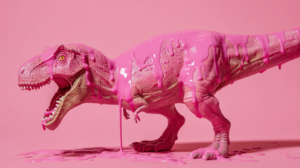 Pink dinosaur figurine covered in dripping pink paint against a pink background studio shot