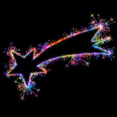 Kolorowe zimne ognie i fajerwerki układające się w kształt kolorowej Gwiazdy betlejemskiej na ciemnym tle. © Blue Pixel