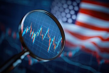 Magnifying glass focuses on a declining stock chart against a blurred American flag backdrop