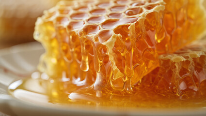 Close-up of fresh golden honeycomb with appetizing drops of natural honey dripping down. Perfect for showcasing natural products, healthy eating, and sweet desserts