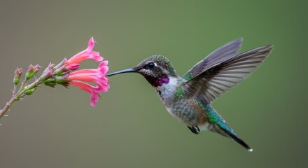 Fototapeta premium A colorful hummingbird sips nectar from a vibrant pink flower in nature
