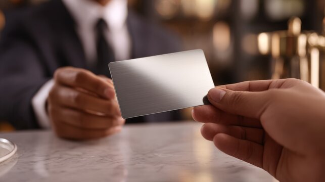 A close-up of a hand passing a sleek silver card to a well-dressed bartender in a sophisticated setting.
