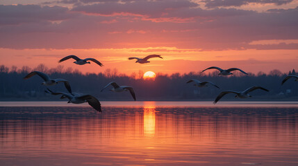 Geese flying over a beautiful sunset.