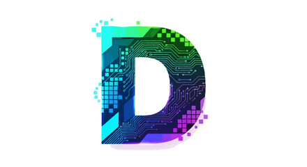 A flat vector abstract letter D with pixel and tech elements, symbolizing innovation and digital design isolated white