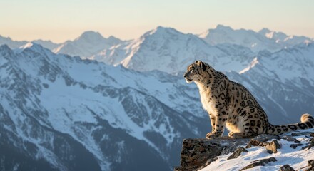 Snow leopard sitting on a rock with snowy mountains in the background